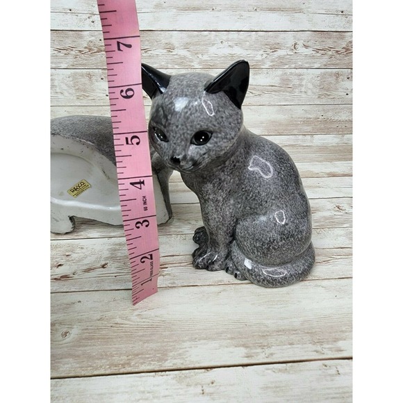 Vintage Gray Black Ceramic Cats 12" ENESCO Spongeware Stipple Pattern 7" 5" - Picture 10 of 11